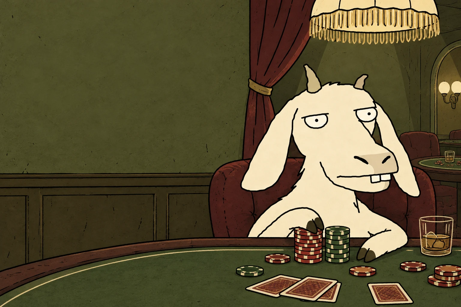 An unbothered long-faced goat at a quiet casino poker table