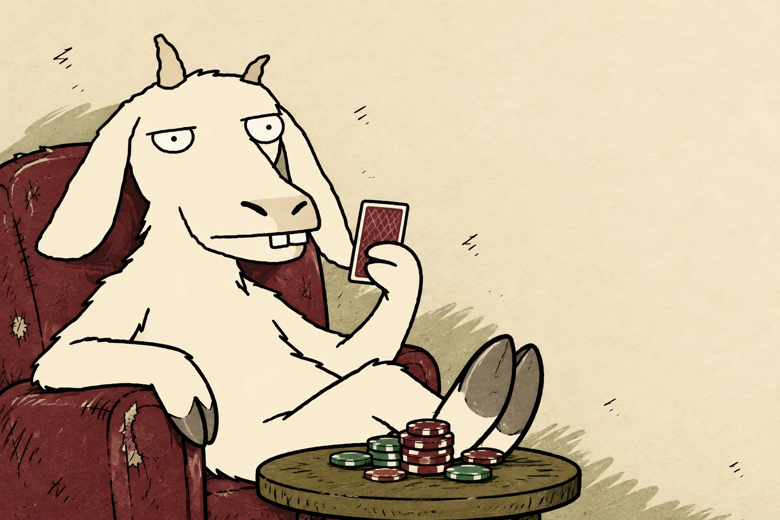 GAOT reclining in a worn casino armchair with a playing card